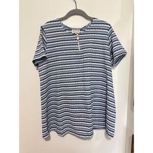 New Addition Maternity Striped Top Blue Stretch Knit Zip Front Casual‎ Coastal M